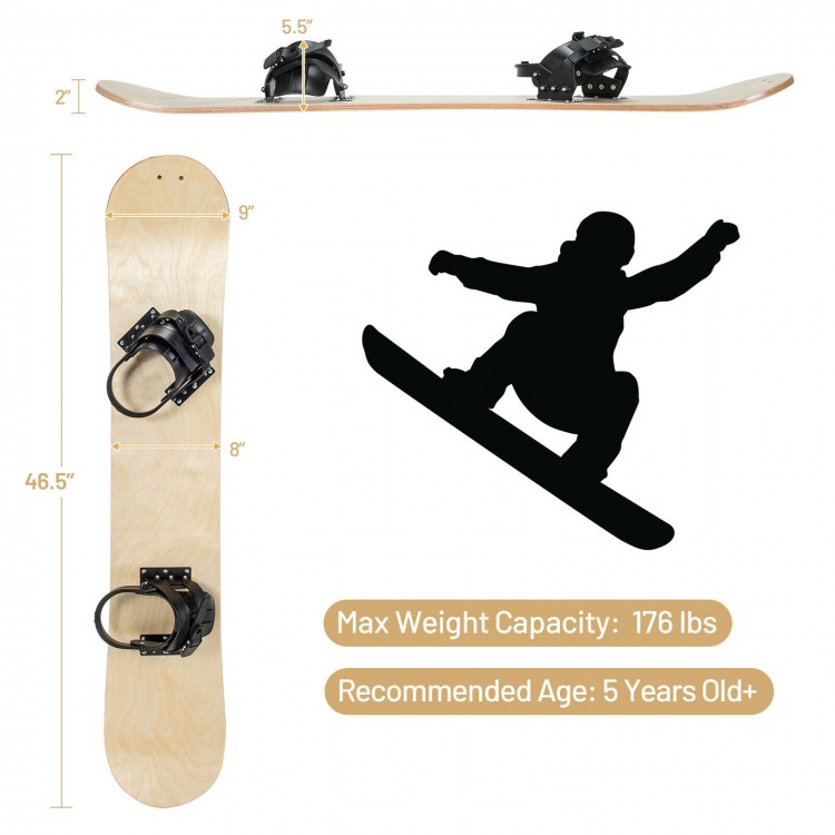 Snowboard with adjustable foot straps, made of sturdy wood, suitable for kids aged 5+, max weight capacity 176 lbs.
