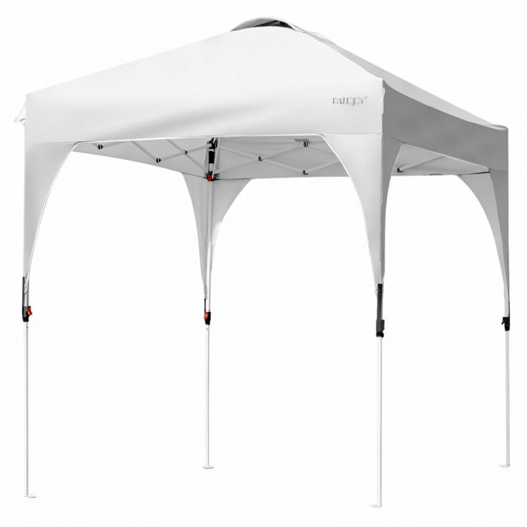 Height adjustable 6.6 x 6.6 FT white pop-up canopy tent with heavy-duty frame for outdoor shade and easy transport.