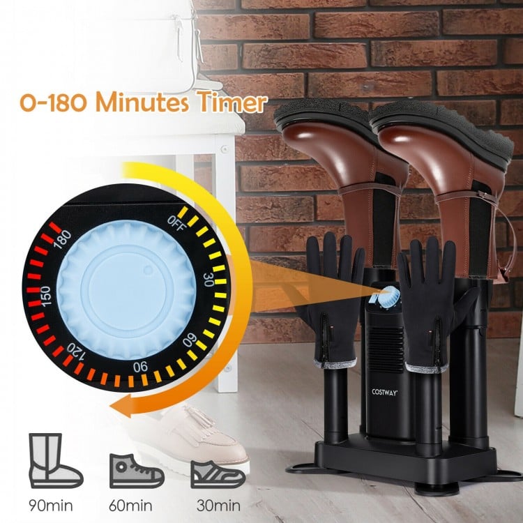 Electric shoe dryer for 4 shoes with 180-minute timer and ozone disinfection, designed for efficient drying and odor.