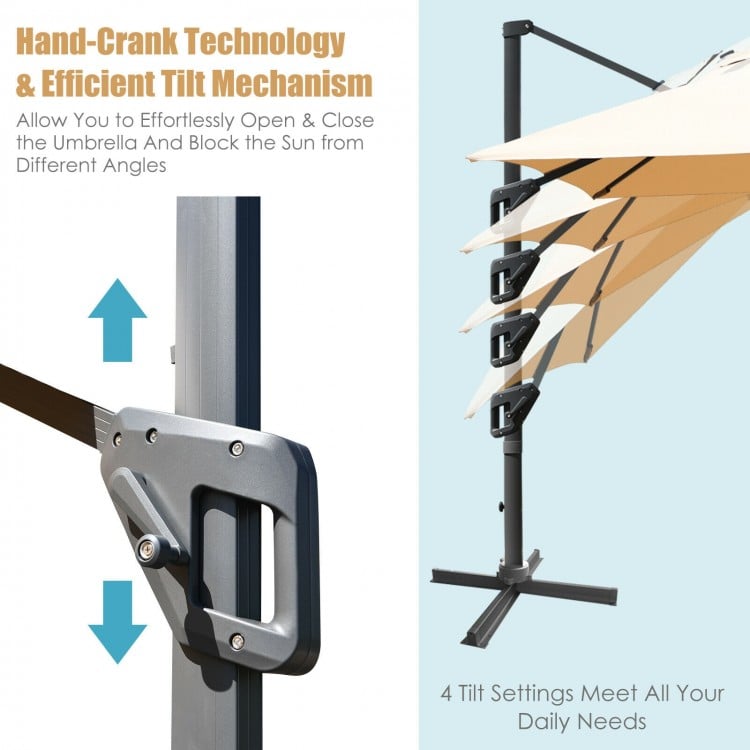 Rectangular cantilever umbrella with 360° rotation, beige fabric, featuring a hand-crank system and 4 tilt settings for.