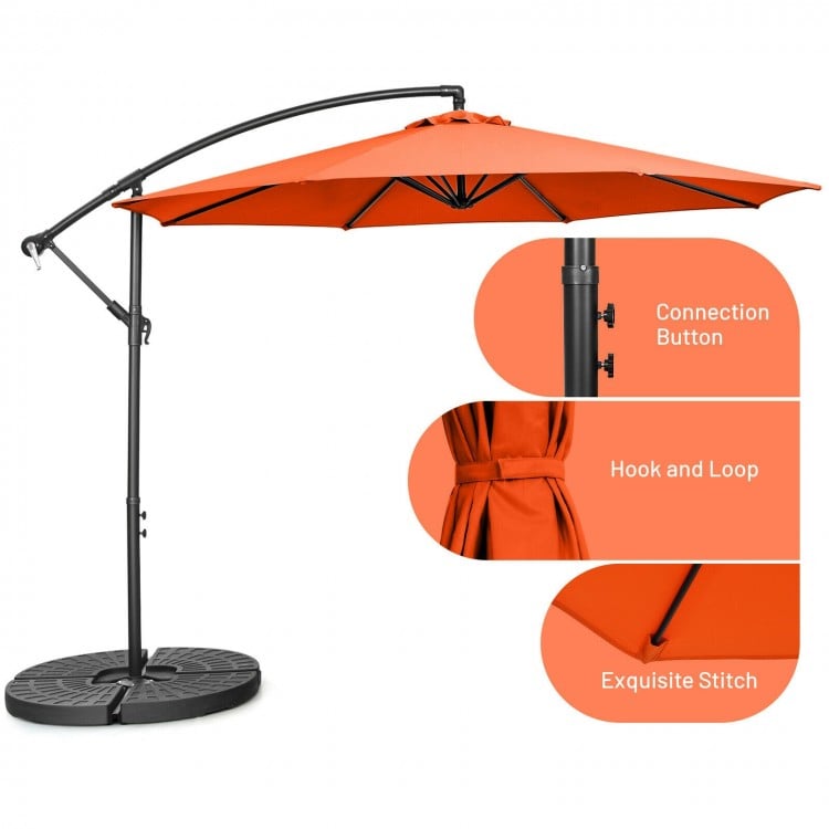 10FT orange offset umbrella with 8 ribs, tilt adjustment, and cross base for durable outdoor shade.