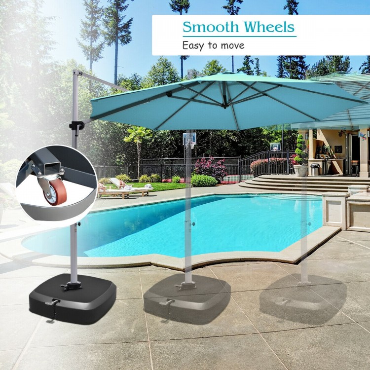 Patio cantilever umbrella base with wheels, designed for stability and easy movement, ideal for gardens and poolside.