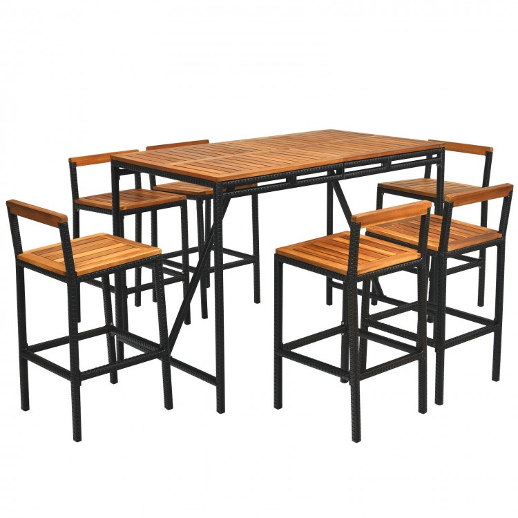 7-piece acacia wood patio rattan bar set with umbrella hole, featuring a large tabletop and 6 comfortable bar stools.