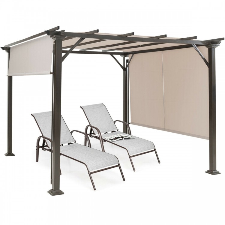 Metal frame patio gazebo with beige retractable canopy and two lounge chairs, perfect for outdoor relaxation and.