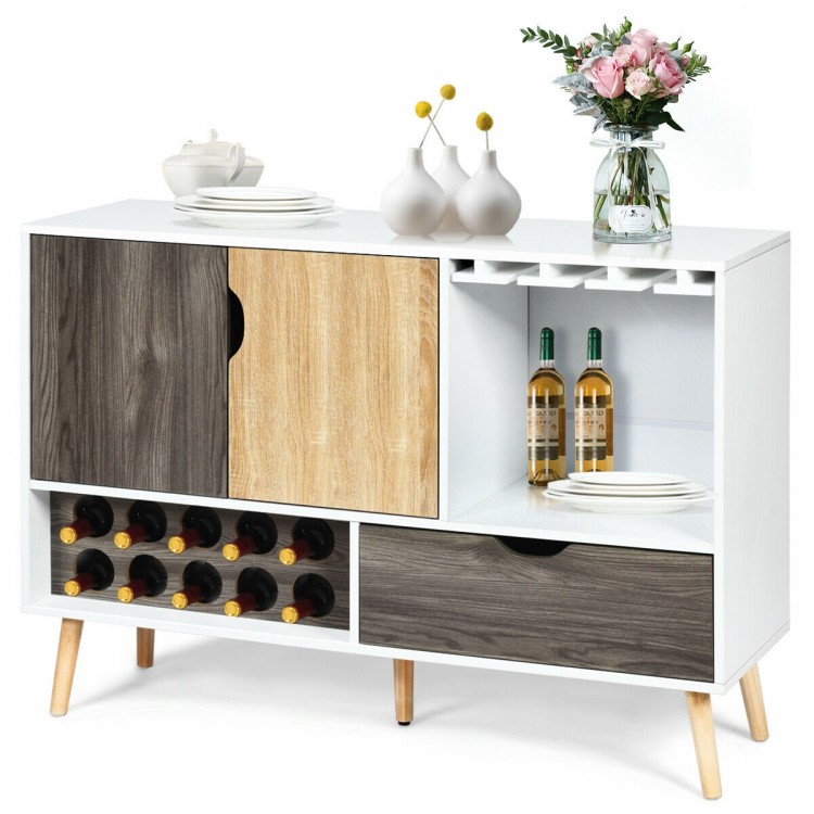 Mid-century buffet sideboard in white and wood, featuring wine rack, glass holder, and spacious storage for kitchen or.
