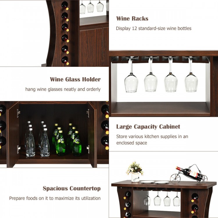 Rolling buffet sideboard in walnut with wine rack for 12 bottles, glass holders, and spacious cabinet for kitchen.