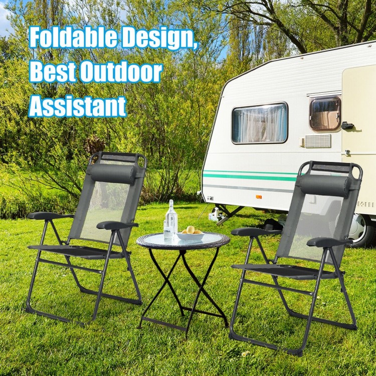 Adjustable reclining folding chairs in gray with headrest, perfect for outdoor patio, camping, or garden relaxation.