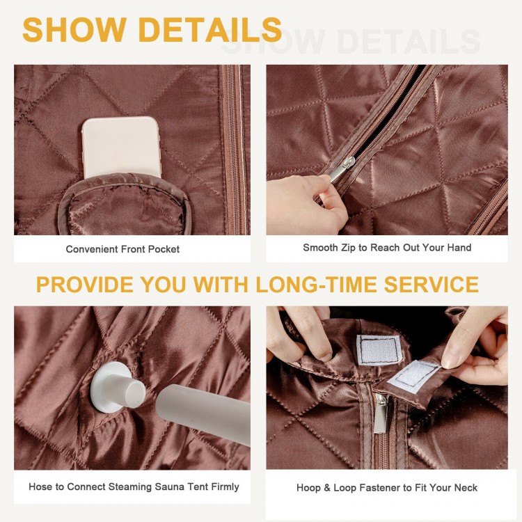 Close-up of the Portable Personal Steam Sauna with waterproof fabric, featuring a smooth zip and convenient front.