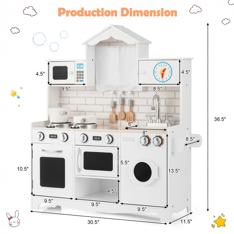 Wooden kids kitchen playset with washing machine, oven, and accessories for imaginative play, measuring 36.5" tall.