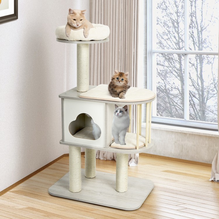 Wooden cat activity tree featuring a cozy condo with a cushioned pad and multiple platforms for climbing and lounging.