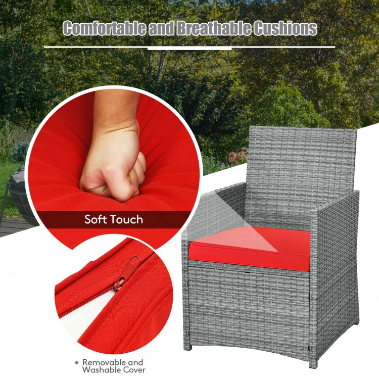 Close-up of the red cushioned armrest of the patio rattan chair, featuring a removable cover for easy maintenance.