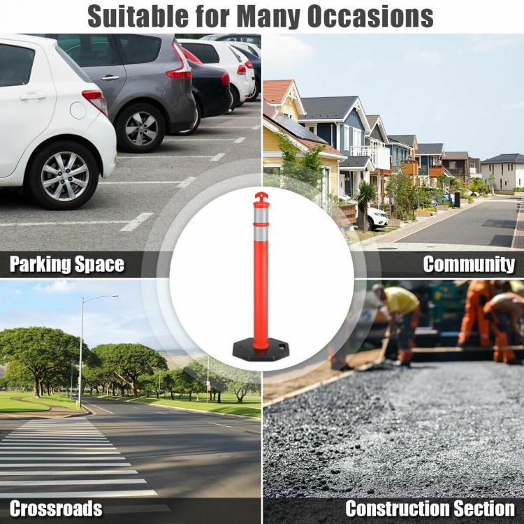 Orange traffic delineator post with reflective collars, ideal for parking, road marking, and street safety.