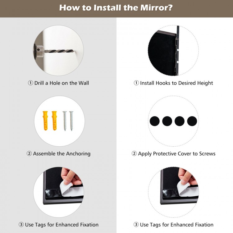 Full-length brown metal door mirror with adjustable hooks, perfect for wall-mounting or door hanging, ensuring stable.