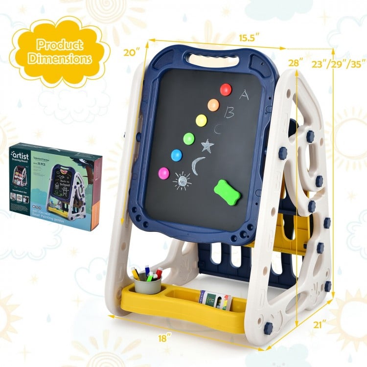 3-in-1 kids art easel with blue frame, double-sided boards, and storage tray for creative activities in playrooms.
