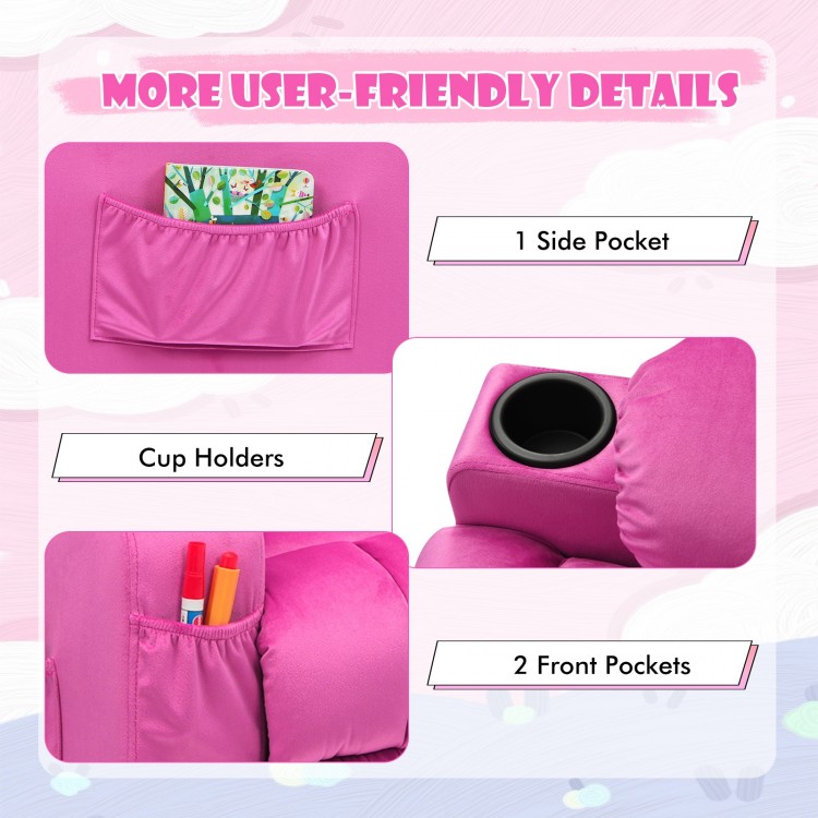 Kids recliner chair in pink featuring dual cup holders and two front pockets for snacks and books, ideal for comfort.