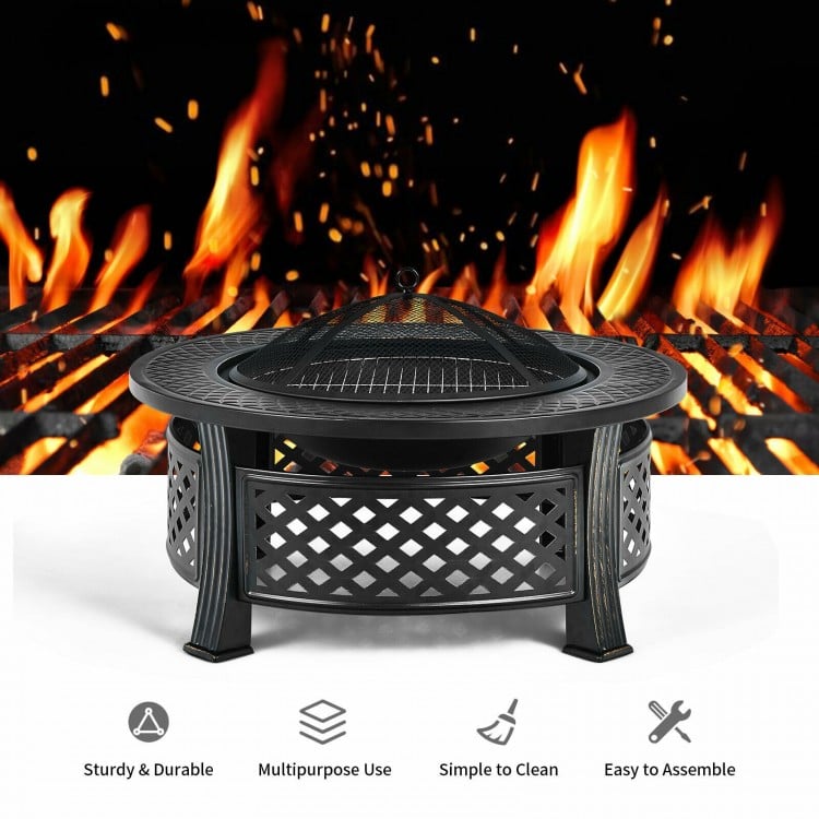 Outdoor fire pit with BBQ grill, high-temp finish, mesh cover, ideal for backyard and patio use.