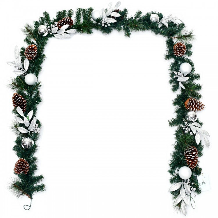 9 feet pre-lit artificial Christmas garland with 50 warm white LED lights, featuring pinecones and silver ornaments for.