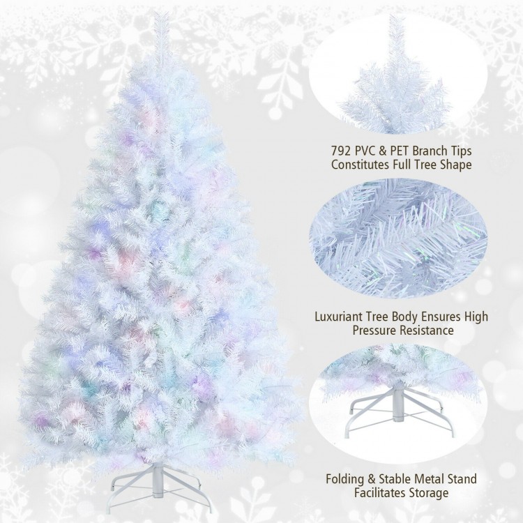 6 feet artificial Christmas tree with iridescent branch tips, featuring a stable folding metal base for easy storage.