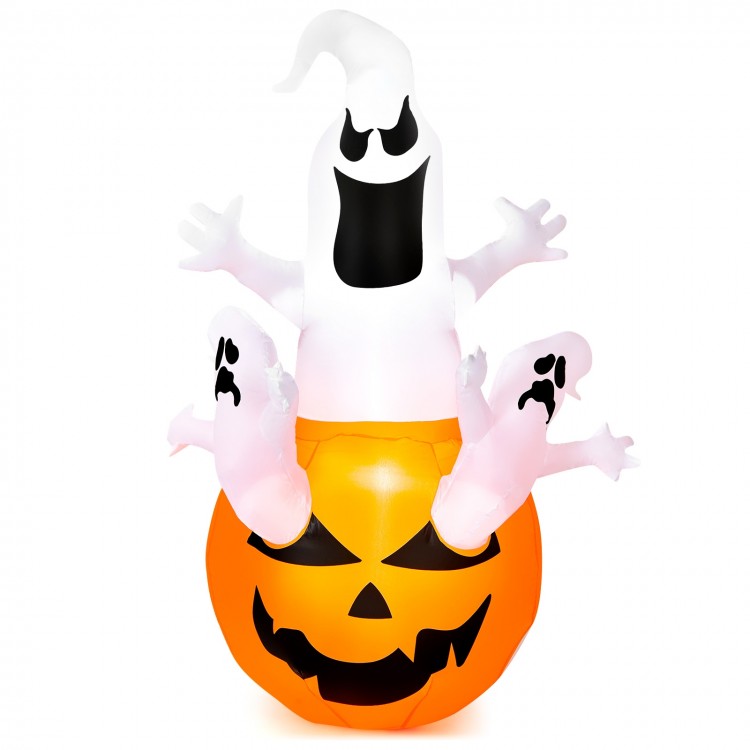Inflatable 6-foot Halloween pumpkin decoration with LED light and ghost figures, perfect for outdoor festive decor.