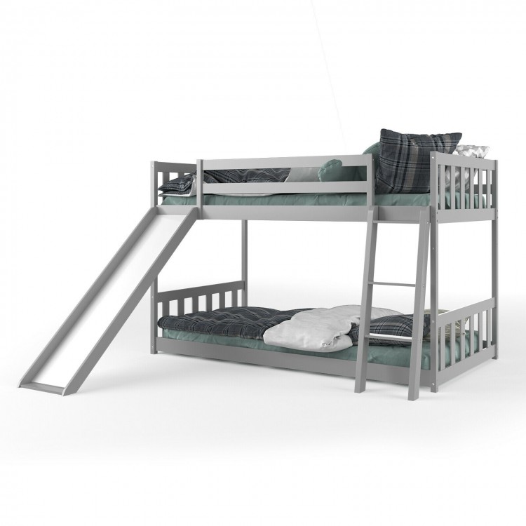 Twin over twin gray wooden bunk bed with slide ladder, featuring sturdy frame and safety guardrails for kids.