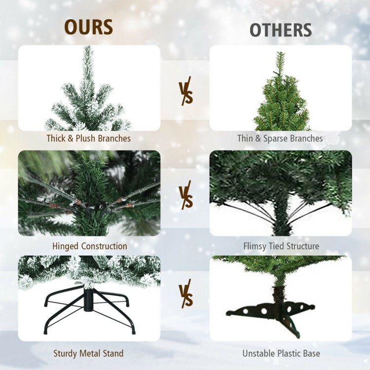 7-foot pre-lit snow flocked Christmas tree with 1116 tips and sturdy metal stand for festive holiday cheer.