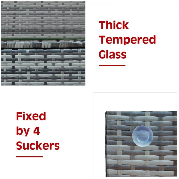 Close-up of thick tempered glass tabletop secured by four suckers on the 3-piece patio rattan furniture set.