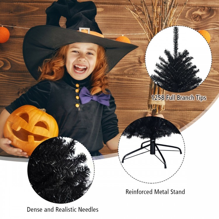 7.5 feet hinged black artificial Halloween Christmas tree with 1258 branch tips, perfect for festive indoor and outdoor.