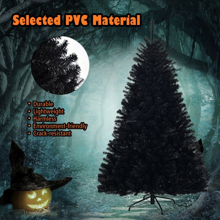 6-foot hinged artificial Halloween Christmas tree in black PVC, featuring 1036 branch tips for a realistic look.
