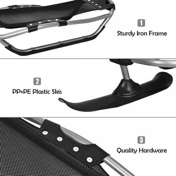 Close-up of the Snow Racer Sled's sturdy iron frame and textured grip handles, designed for safety and durability.