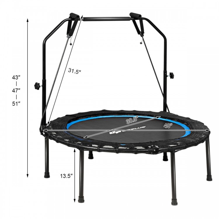 40-inch foldable fitness rebounder with adjustable handrail and resistance bands for indoor-outdoor exercise.