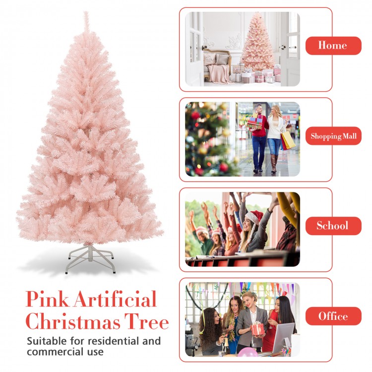 6ft pink artificial Christmas tree with hinged construction, perfect for home, office, or commercial decoration.