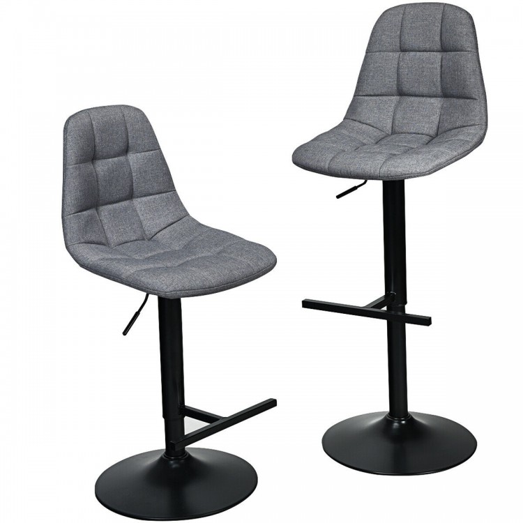 Adjustable gray bar stools with linen seats and T-shaped footrests, perfect for kitchens and cafes.