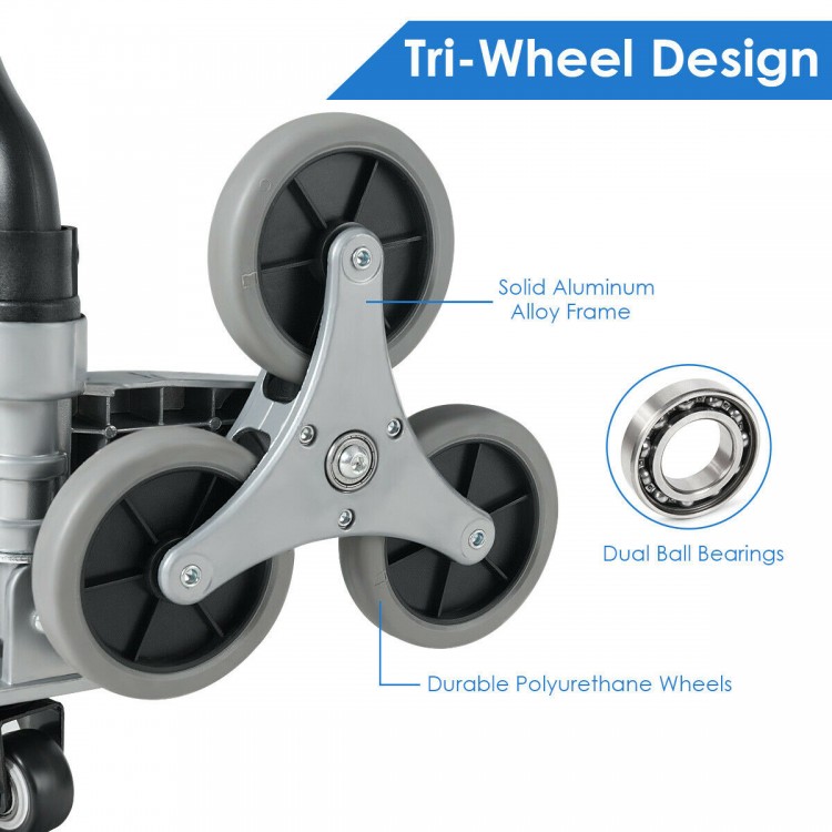 Tri-wheel design of the portable folding stair climbing hand truck with durable polyurethane wheels for easy.