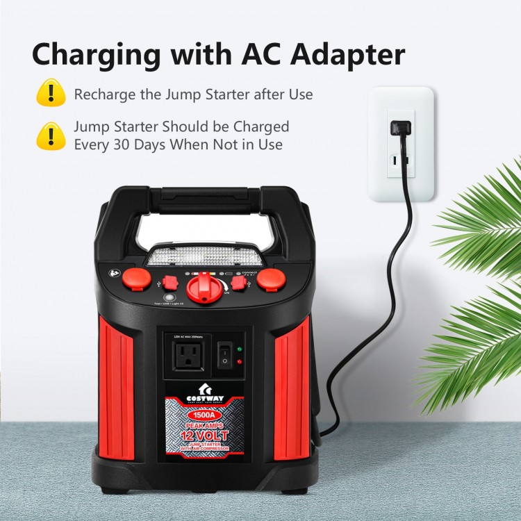 Jump starter air compressor power bank charger with LED light, 1500A peak current for 12V vehicles and devices.