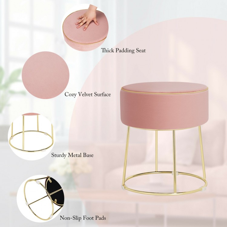 Round pink velvet footrest stool with sturdy metal base and non-slip foot pads, perfect for bedside or as a side table.