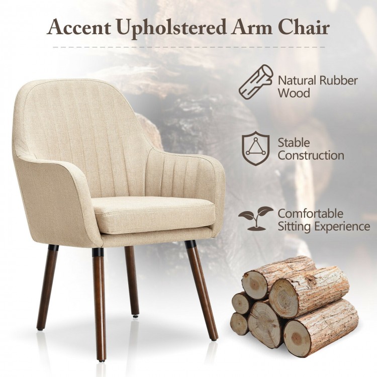 Beige fabric upholstered accent chair with natural rubber wood legs, ergonomic armrests for comfortable sitting.
