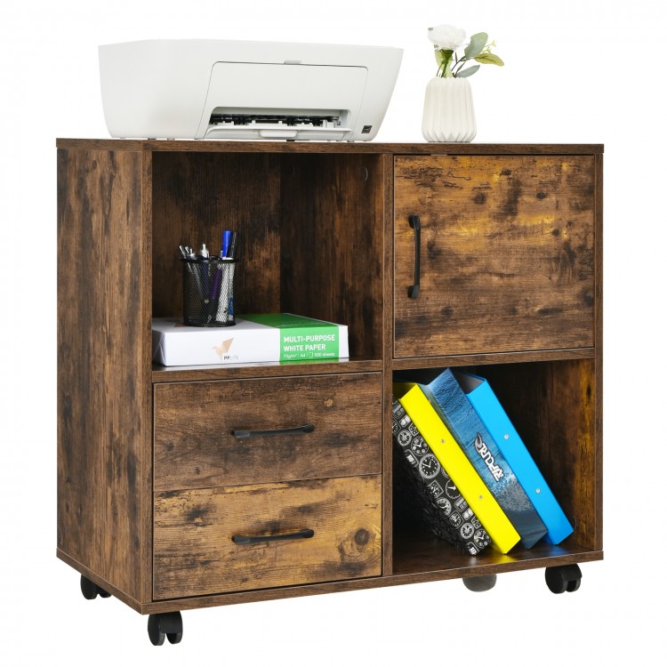 Mobile file cabinet in brown with printer stand, drawers, and open shelves on wheels for versatile office storage.