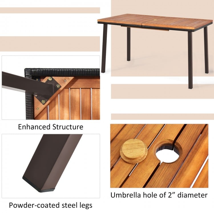 Acacia wood dining table with a 2" umbrella hole, powder-coated steel legs, perfect for outdoor gatherings.