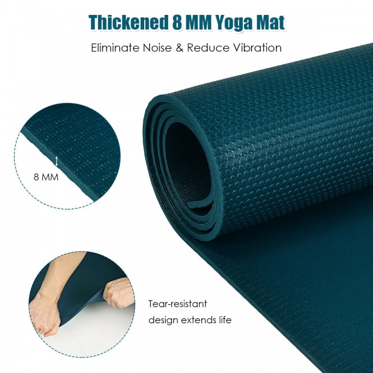 Navy workout yoga mat with 8 MM thickness, tear-resistant PVC, and double-sided anti-skid design for safety.