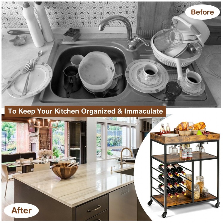 3-tier wood rolling kitchen serving cart in rustic brown with wine rack and open shelves for versatile storage.