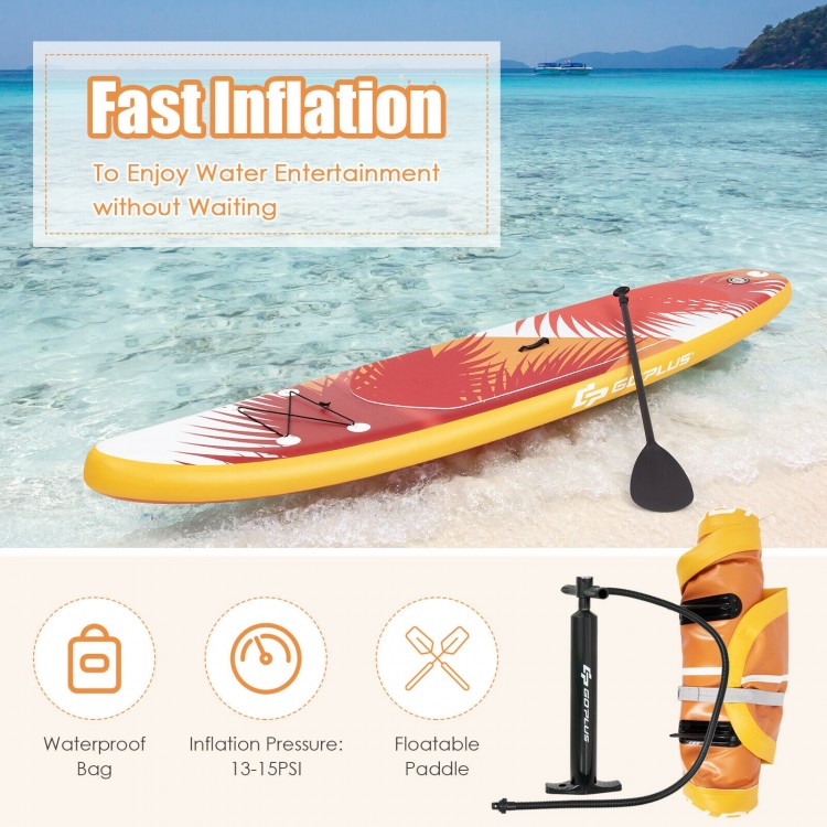 Inflatable stand-up paddle board with aluminum paddle, featuring a non-slip deck and waterproof carrying bag for water.