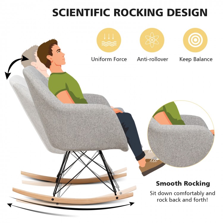 Gray accent upholstered rocking armchair with linen fabric, beech wood legs, and a curved base for smooth rocking.