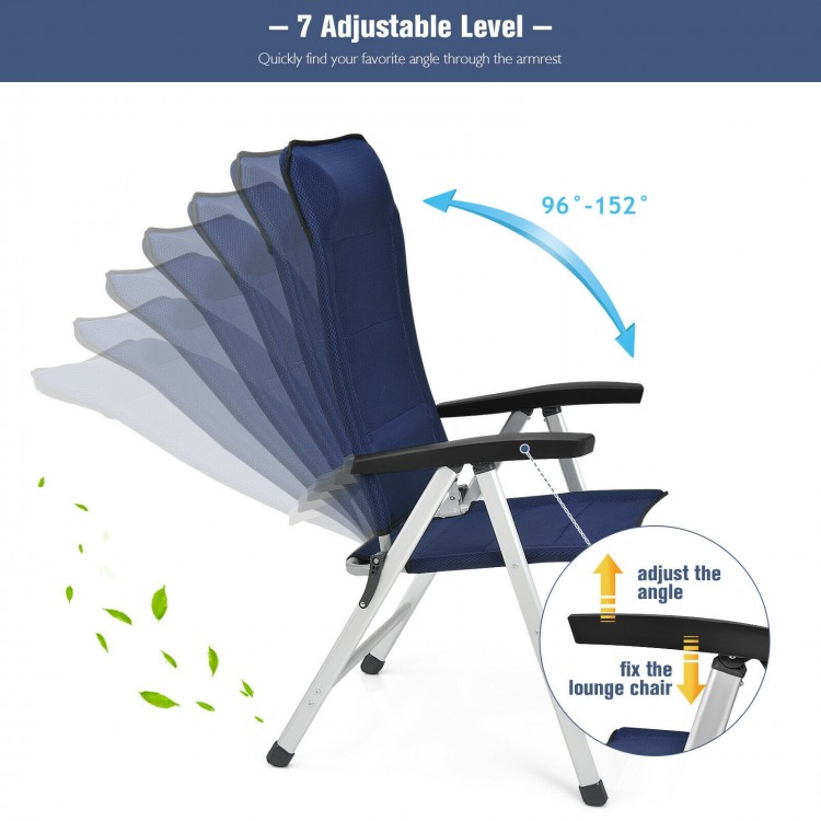 Adjustable patio dining chair in blue with 7 backrest levels, aluminum frame, and foldable design for outdoor comfort.