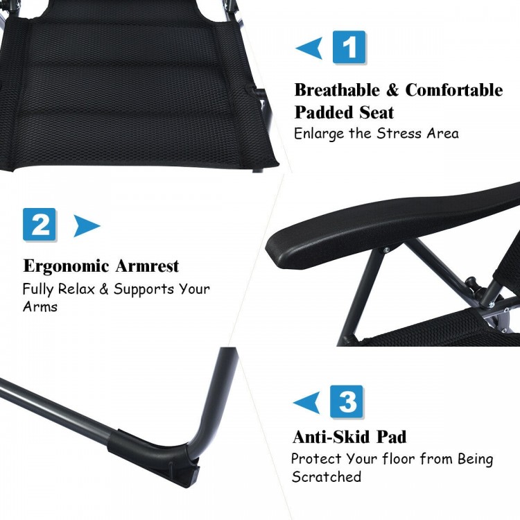Adjustable backrest of a black patio folding chair made of steel and oxford fabric, perfect for outdoor relaxation.