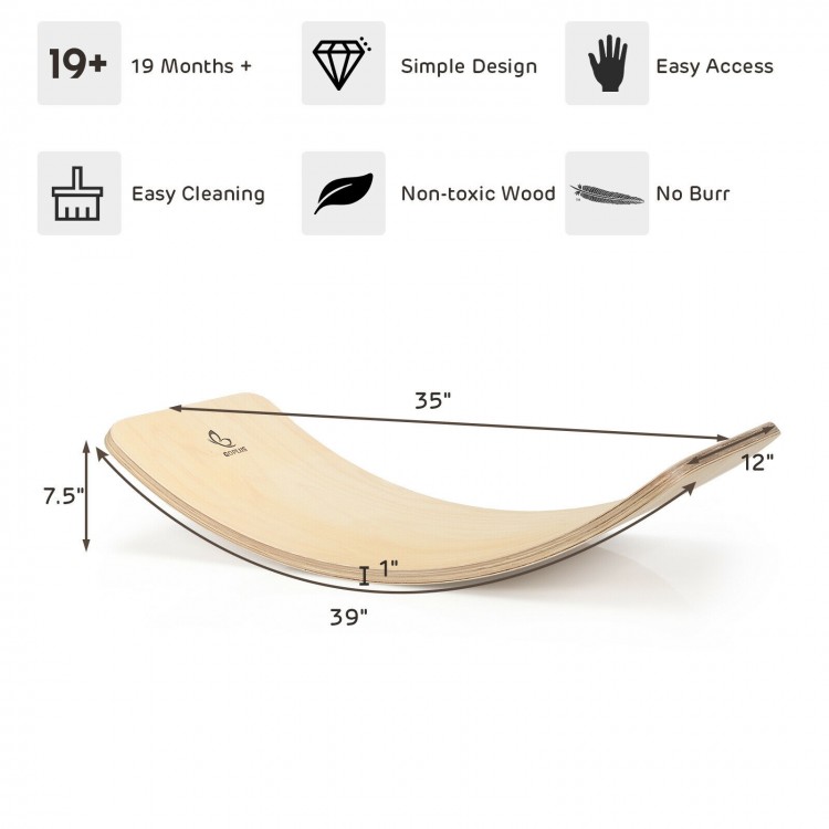 Wooden wobble balance board for kids, made of premium birch, 35" long, ideal for various activities and safe play.