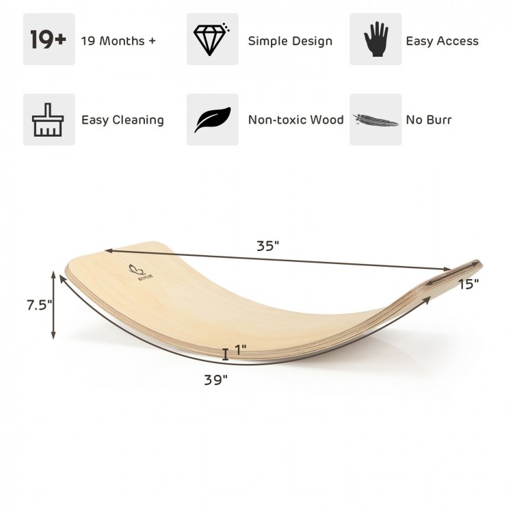 Curvy 35-inch wooden wobble balance board for kids, made of premium birch with felt layer for safe play and exercise.