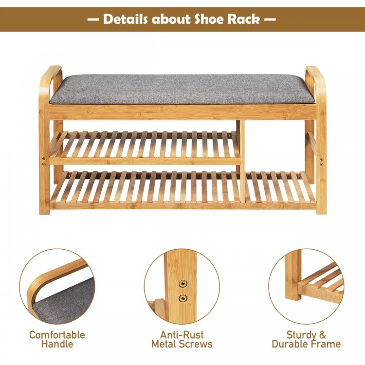3-tier bamboo shoe rack bench with cushion, sturdy frame, ergonomic height, ideal for entryway or bedroom seating.
