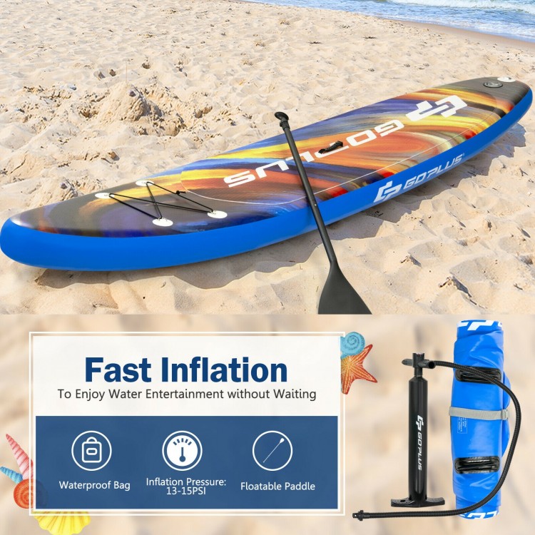 Inflatable stand-up paddle board in blue with aluminum paddle, designed for stability and water activities like yoga.