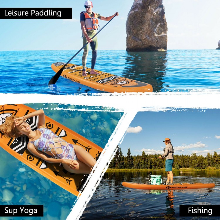 Inflatable stand-up paddle board in orange, ideal for leisure paddling, yoga, and fishing on water.
