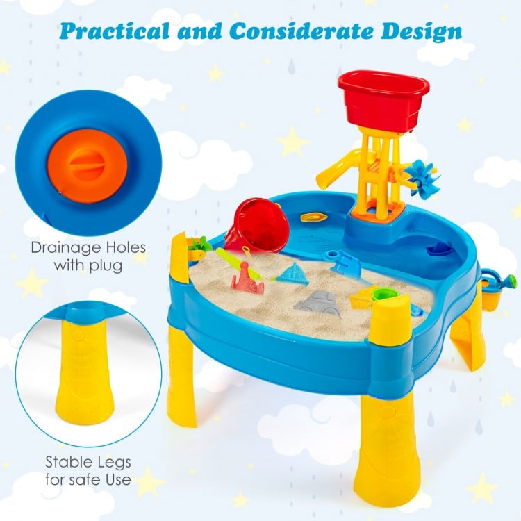 Kids sand and water activity table with drainage holes, stable legs, and 18 accessories for imaginative play indoors.